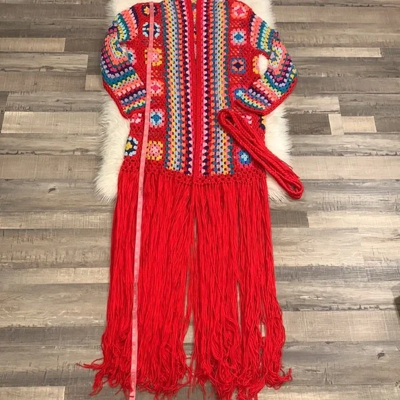 Retro Granny Square Colorful Crochet Long Fringe Cardigan - Picture 8 of 12